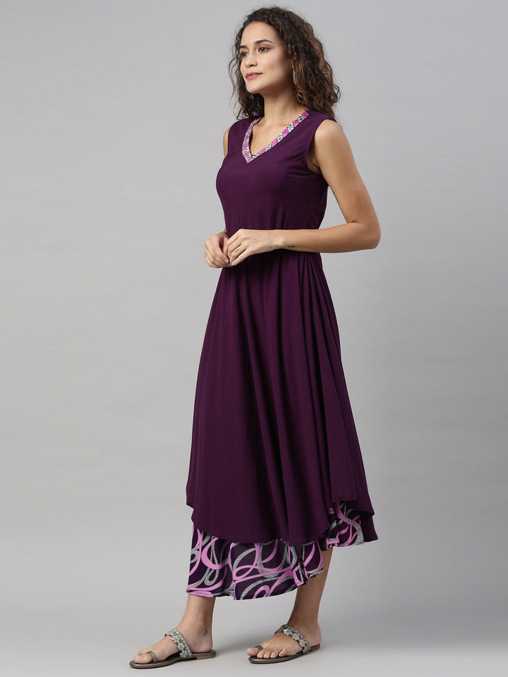 Neerus Purple rayon mirror work kurti - front view