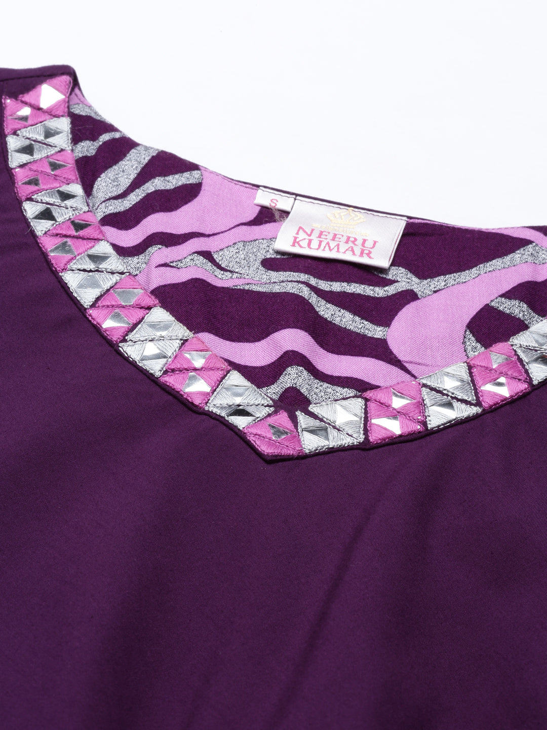 Neerus Purple rayon mirror work kurti - detail view 2