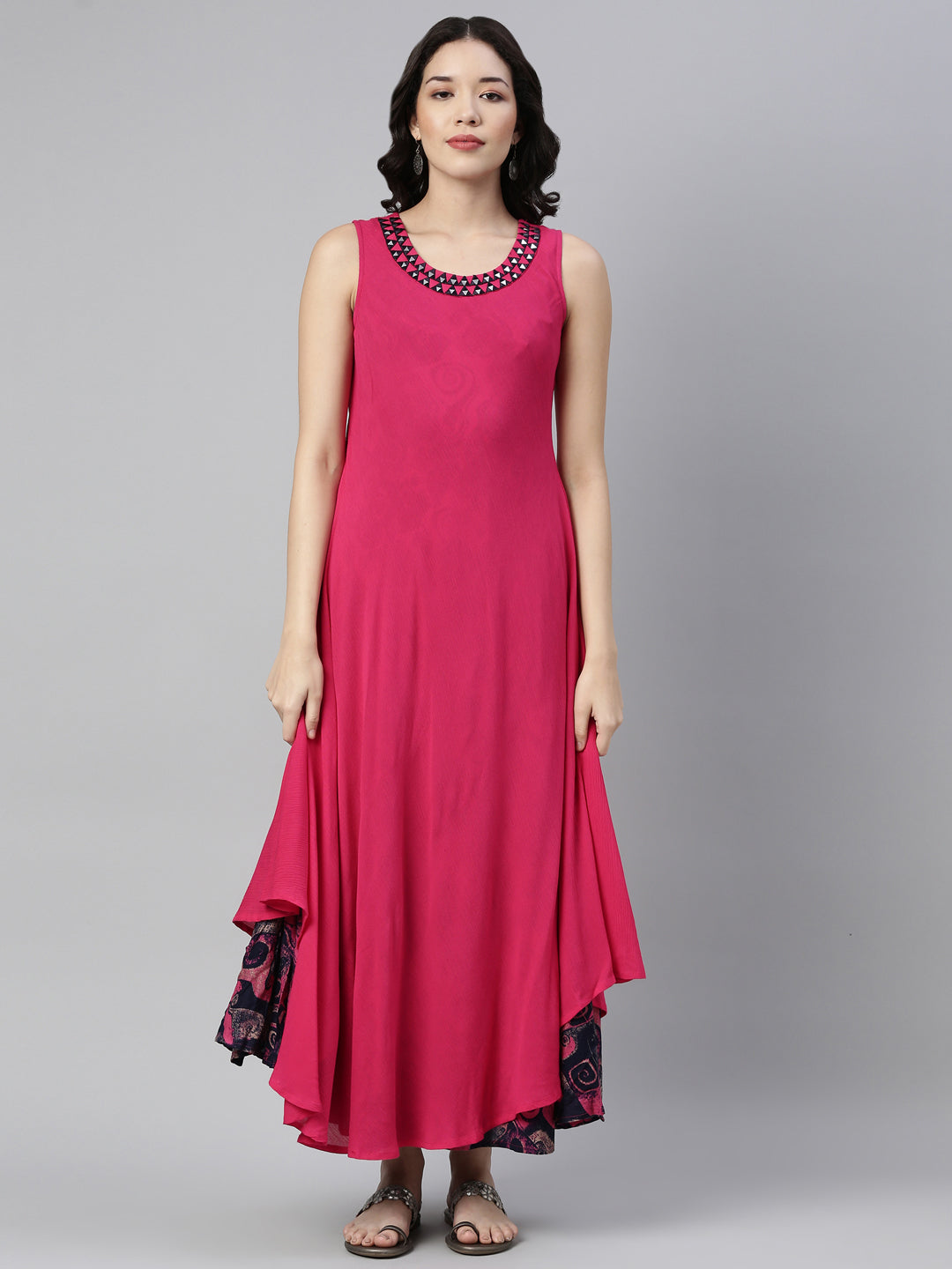 Neerus Pink chiffon mirror work kurti - detail view 3