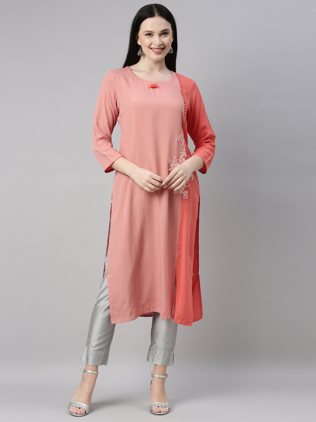 Neerus Orange viscose rayon straight kurti - front view