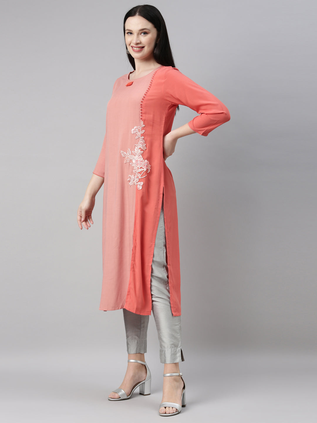 Neerus Orange viscose rayon straight kurti - side view