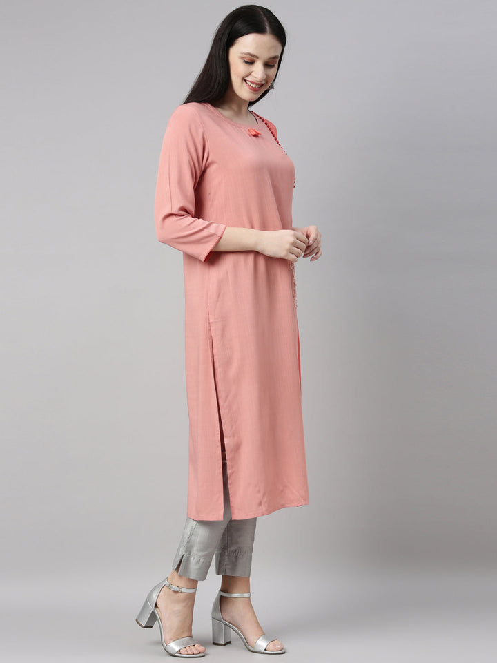 Neerus Orange viscose rayon straight kurti - detail view 1