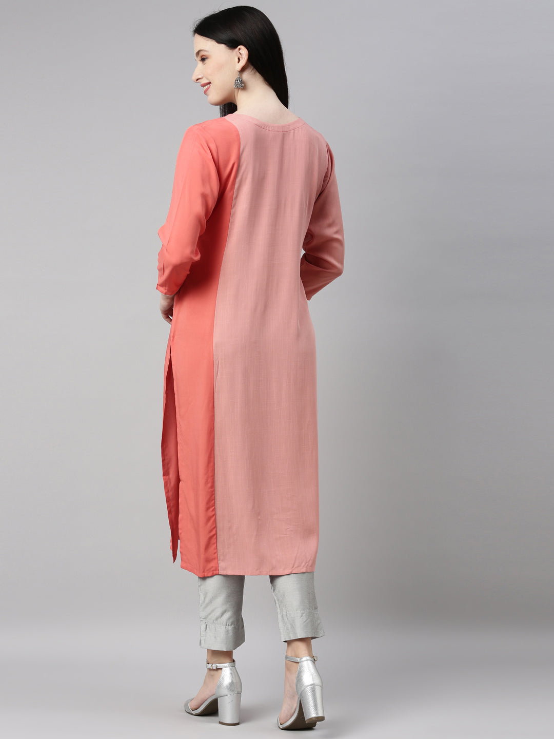 Neerus Orange viscose rayon straight kurti - detail view 2