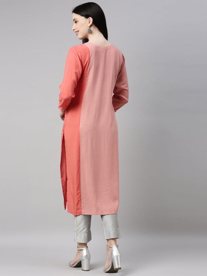Neerus Orange viscose rayon straight kurti - detail view 2