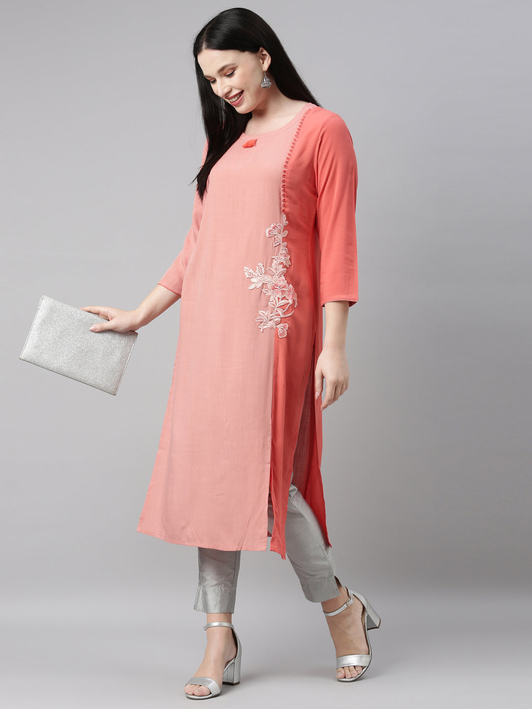Neerus Orange viscose rayon straight kurti - detail view 3