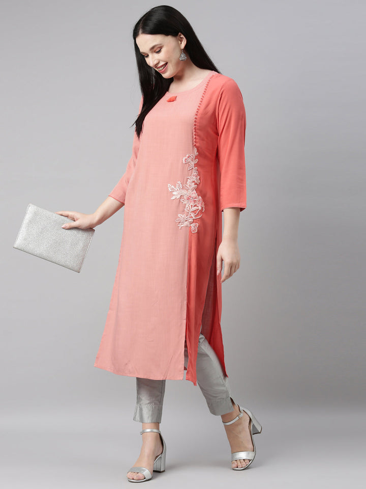 Neerus Orange viscose rayon straight kurti - detail view 3