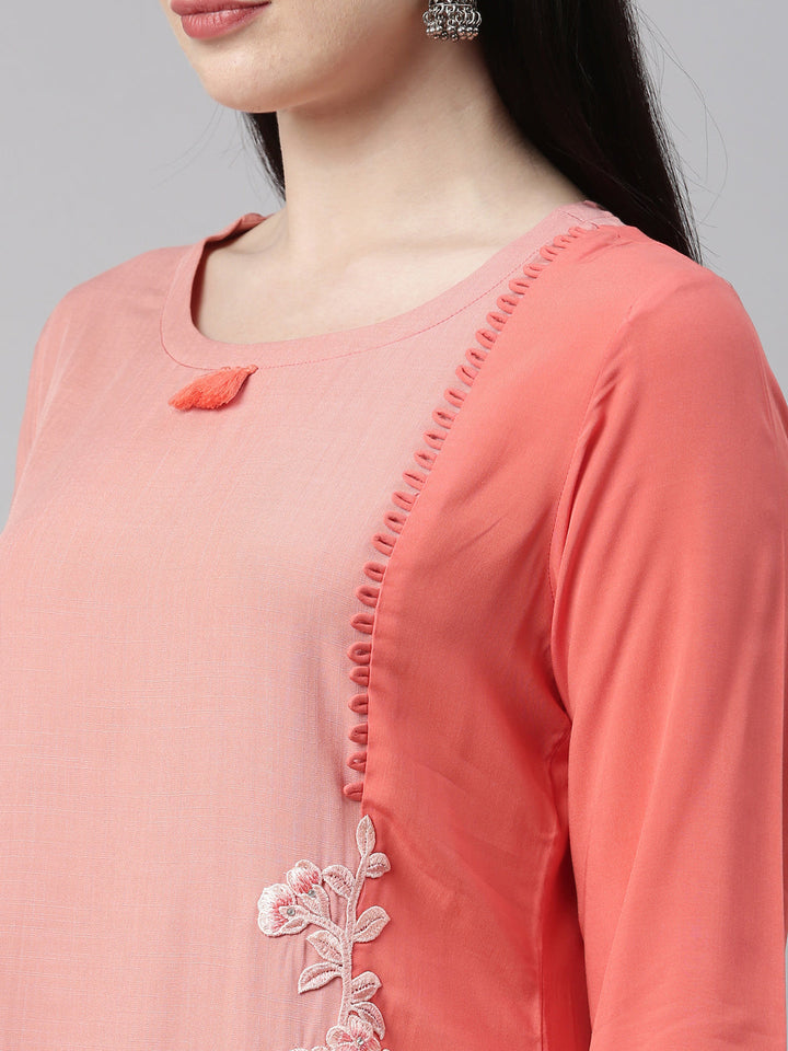 Neerus Orange viscose rayon straight kurti - detail view 5