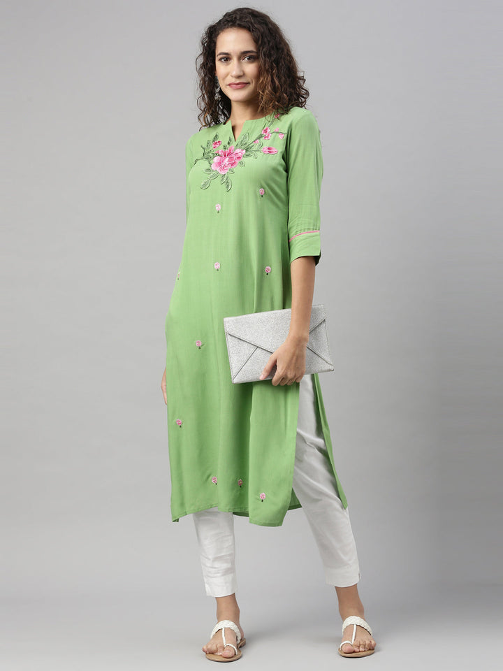 Neerus Green rayon solid straight kurta - detail view 1