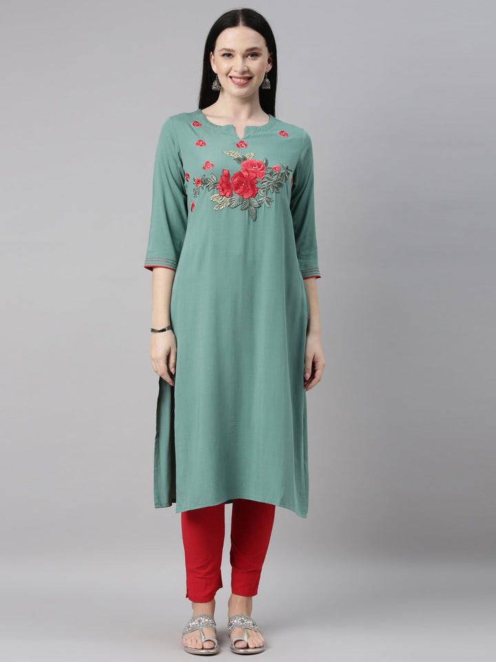 Neerus Green viscose rayon straight kurti - front view