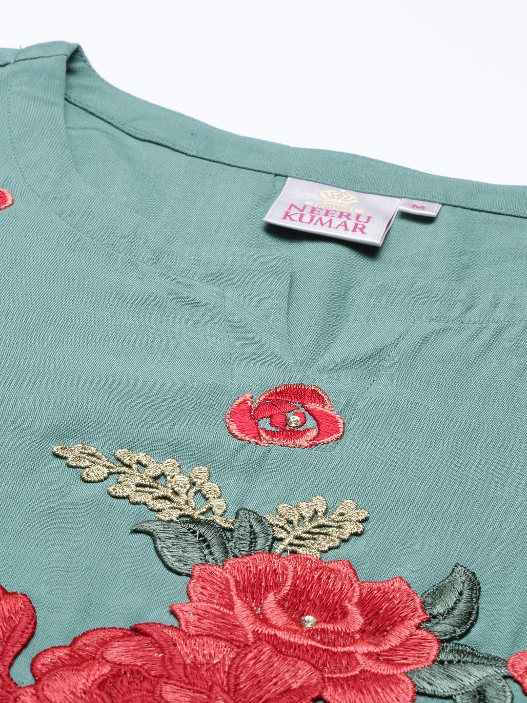 Neerus Green viscose rayon straight kurti - detail view 5