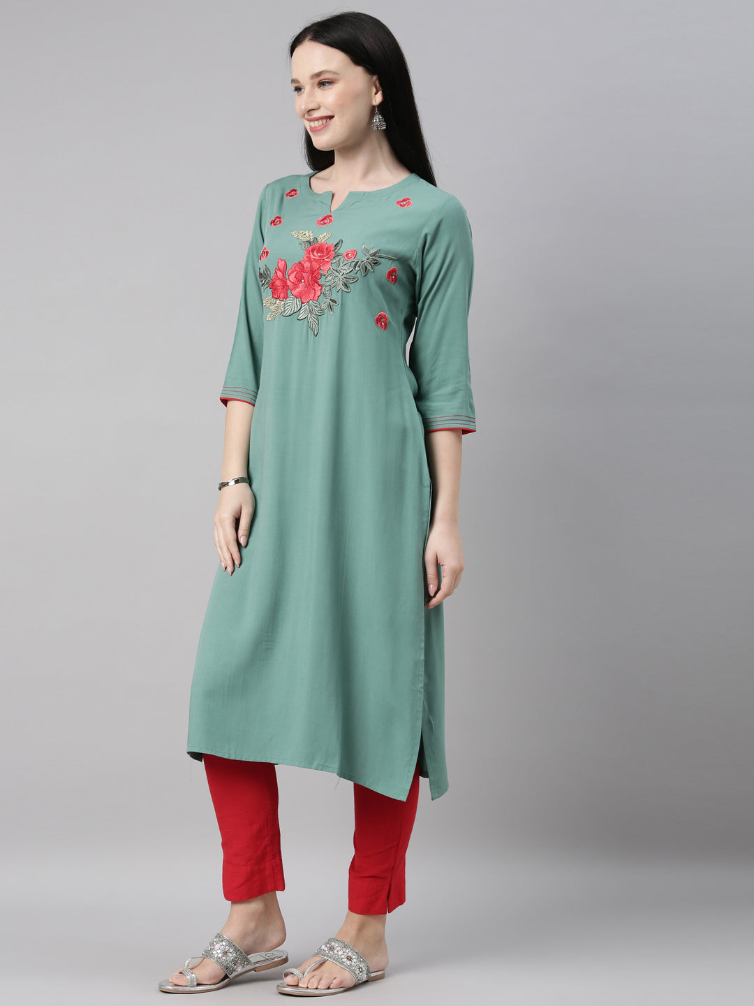 Neerus Green viscose rayon straight kurti - back view
