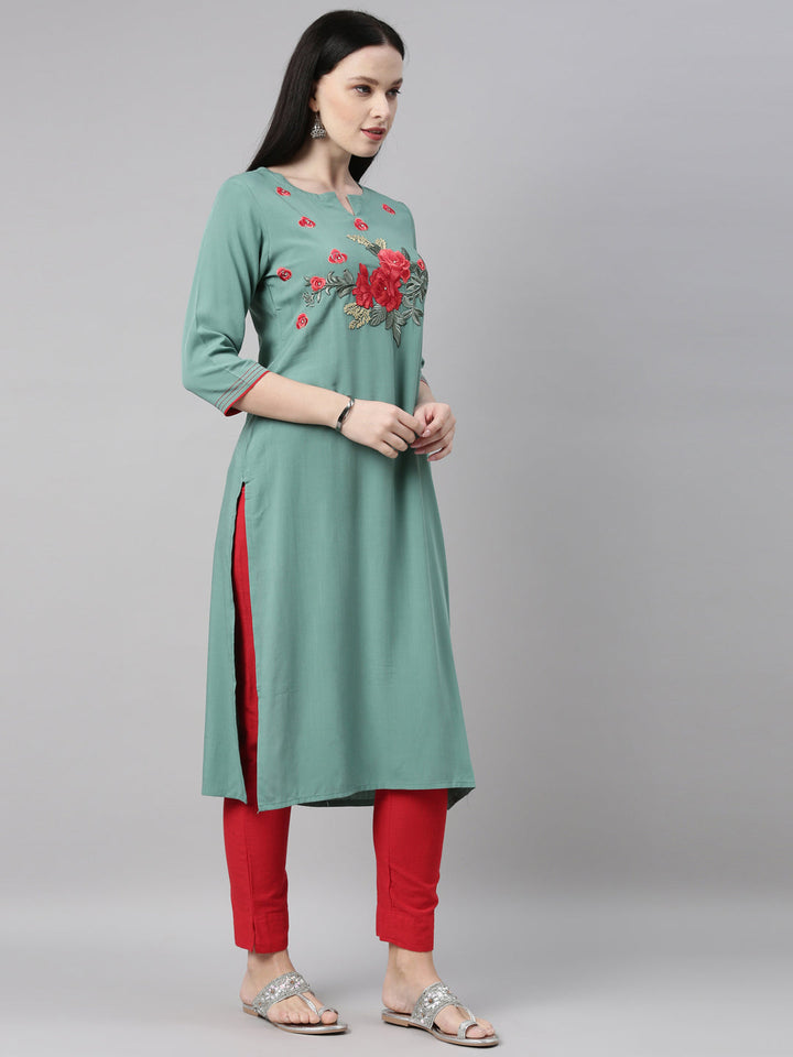 Neerus Green viscose rayon straight kurti - side view