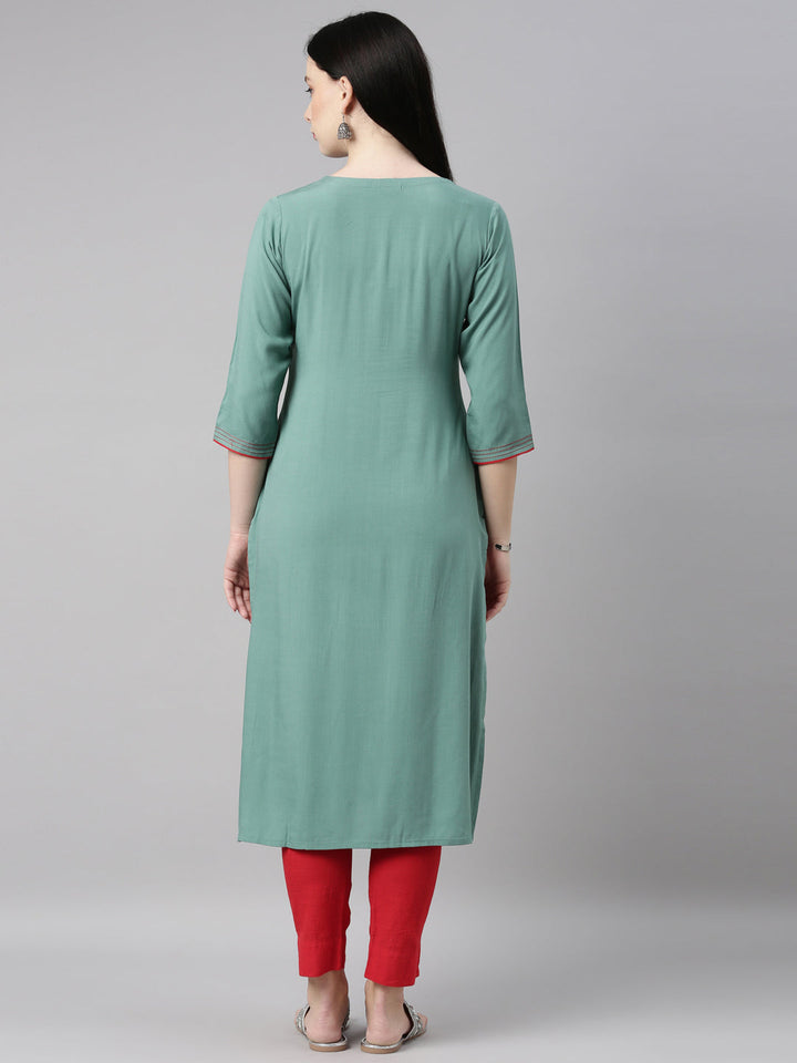 Neerus Green viscose rayon straight kurti - detail view 1