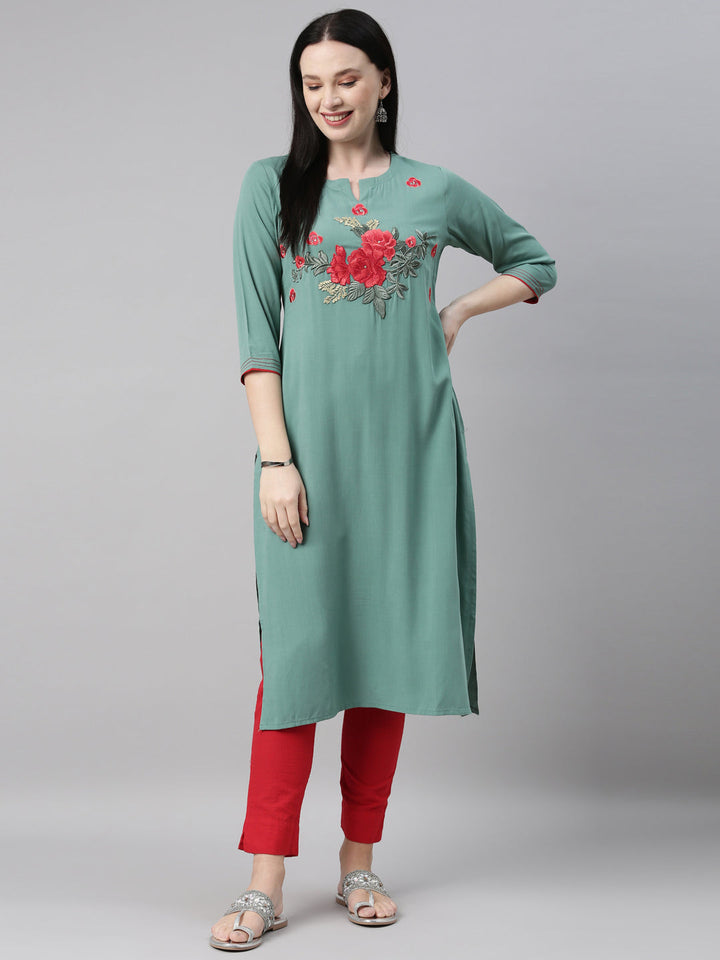 Neerus Green viscose rayon straight kurti - detail view 2