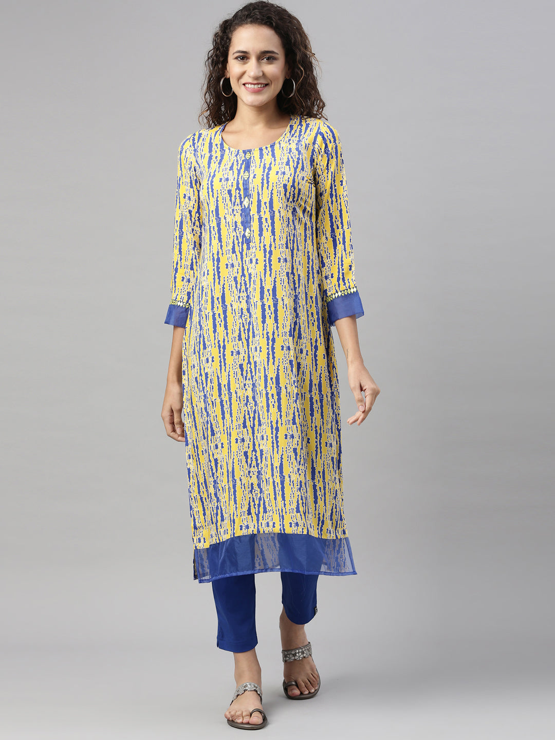 Neerus Yellow Rayon Printed Kurta - front view