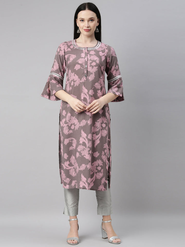 Neerus Grey rayon printed kurti - front view
