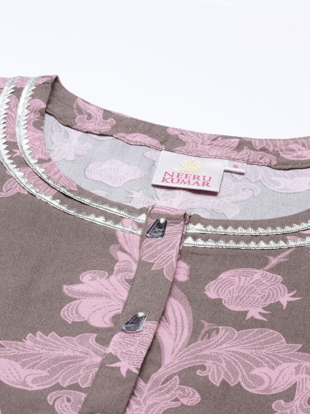 Neerus Grey rayon printed kurti - back view