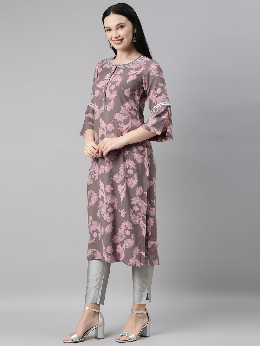 Neerus Grey rayon printed kurti - side view