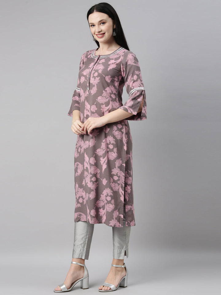 Neerus Grey rayon printed kurti - side view