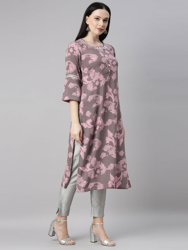 Neerus Grey rayon printed kurti - detail view 1