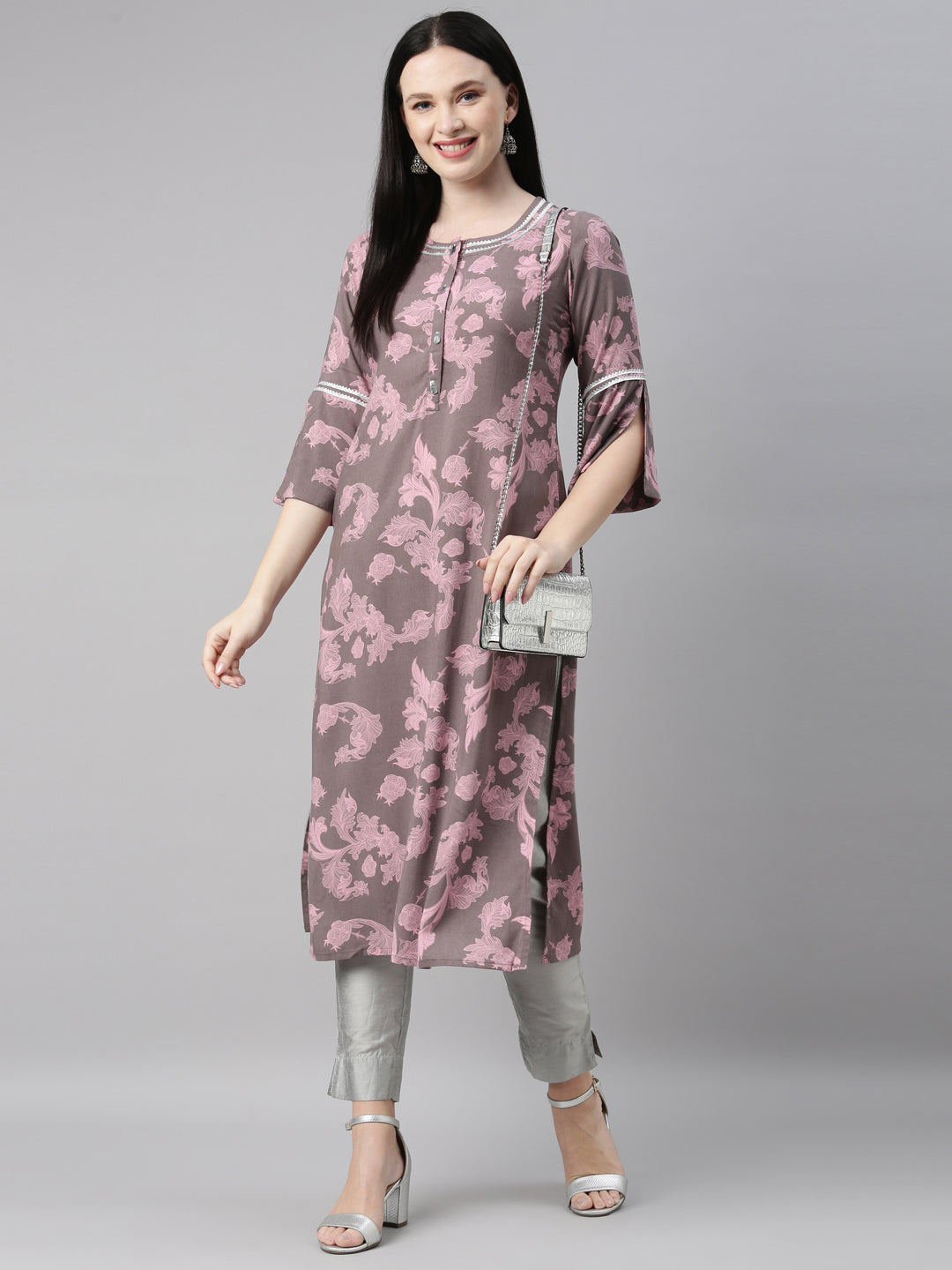 Neerus Grey rayon printed kurti - detail view 3