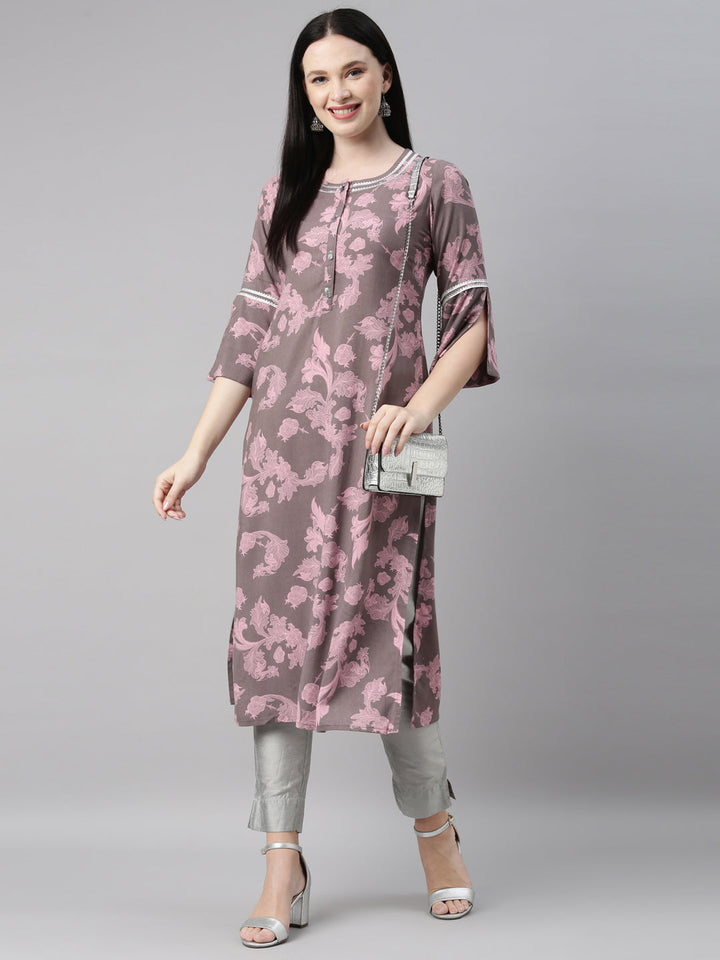 Neerus Grey rayon printed kurti - detail view 3