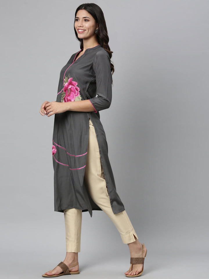 Neerus Grey viscose rayon embroidered kurti - detail view 2