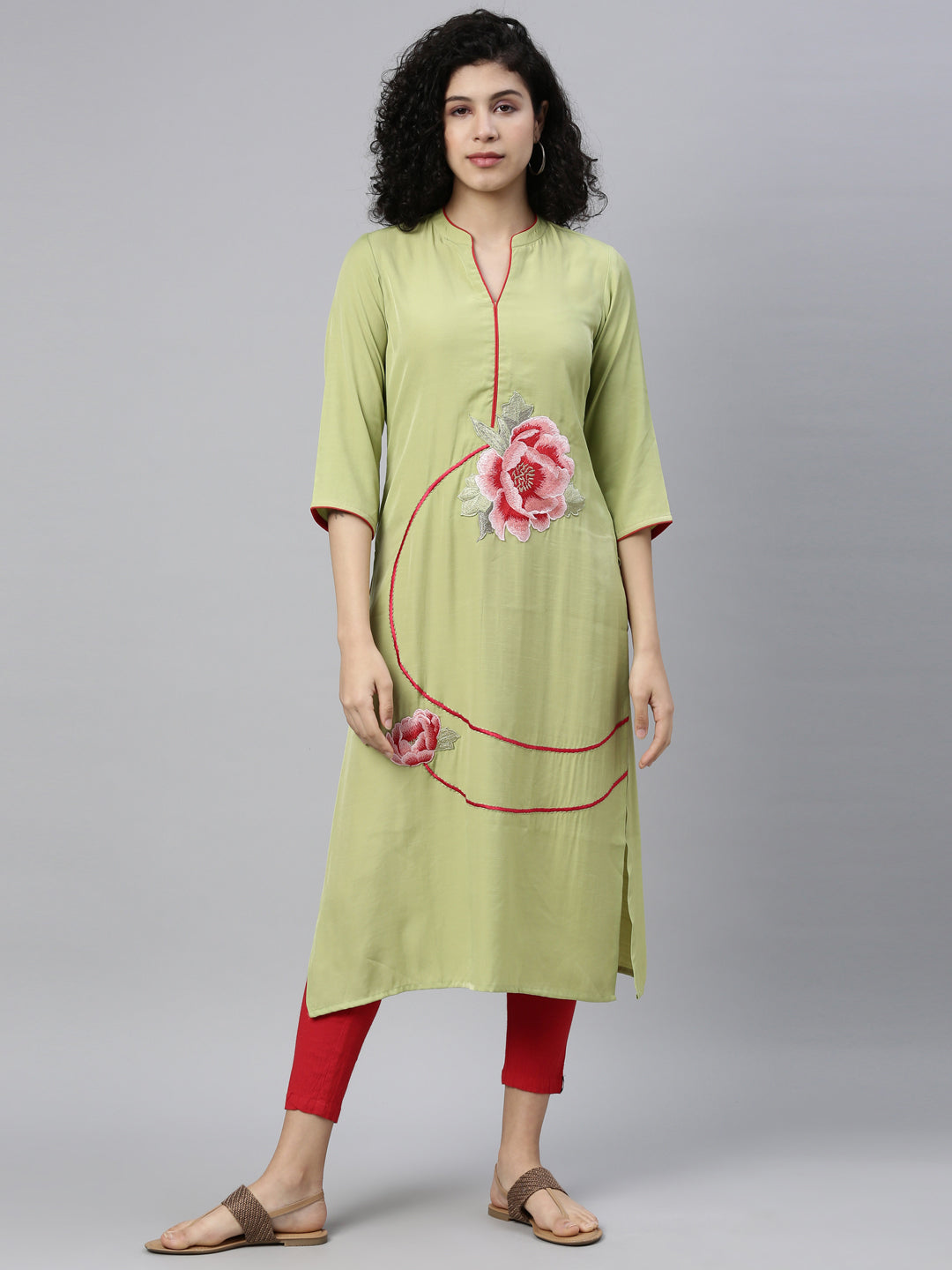 Neerus Green Viscose Rayon Thread Embroidered Kurti - detail view 5