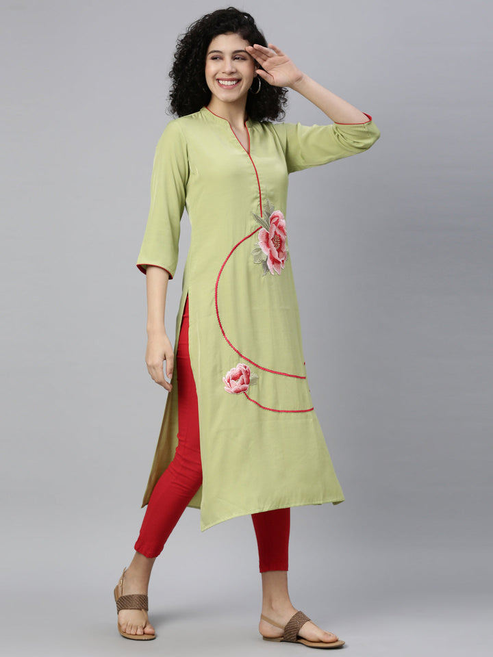 Neerus Green Viscose Rayon Thread Embroidered Kurti - front view