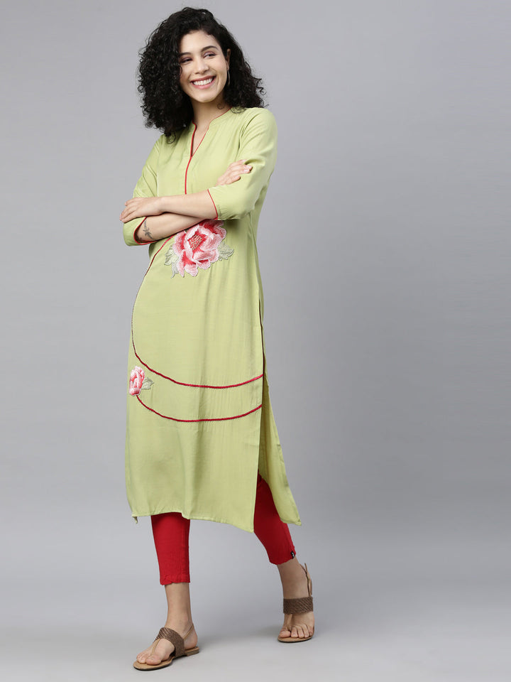 Neerus Green Viscose Rayon Thread Embroidered Kurti - detail view 1