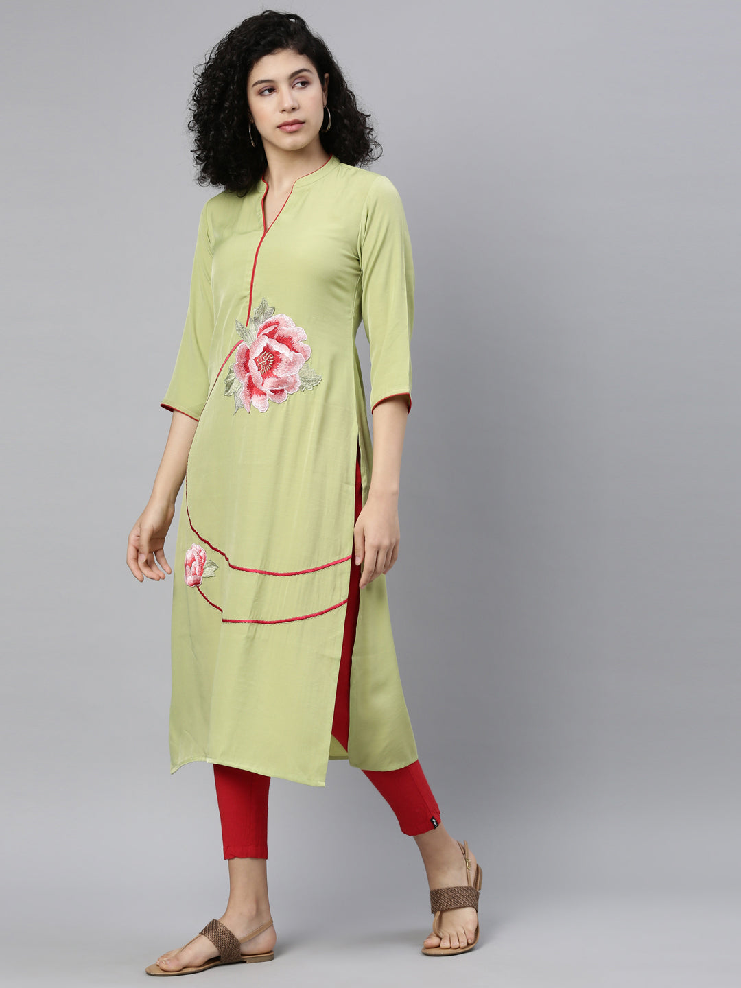 Neerus Green Viscose Rayon Thread Embroidered Kurti - detail view 2