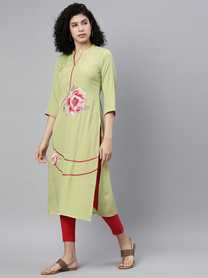Neerus Green Viscose Rayon Thread Embroidered Kurti - detail view 2