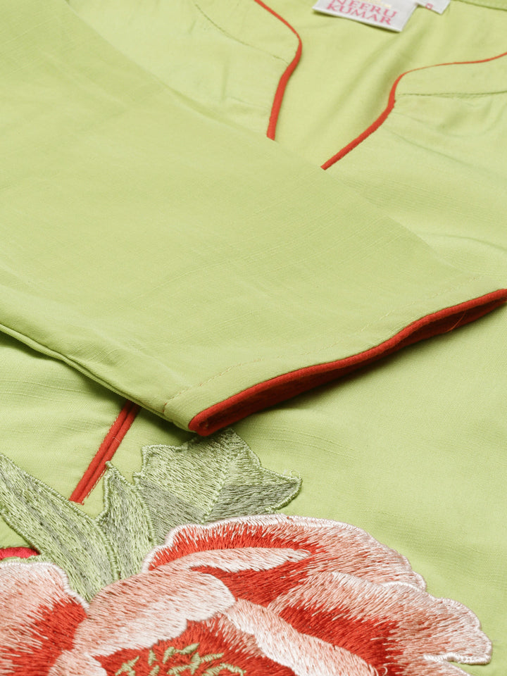 Neerus Green Viscose Rayon Thread Embroidered Kurti - detail view 4