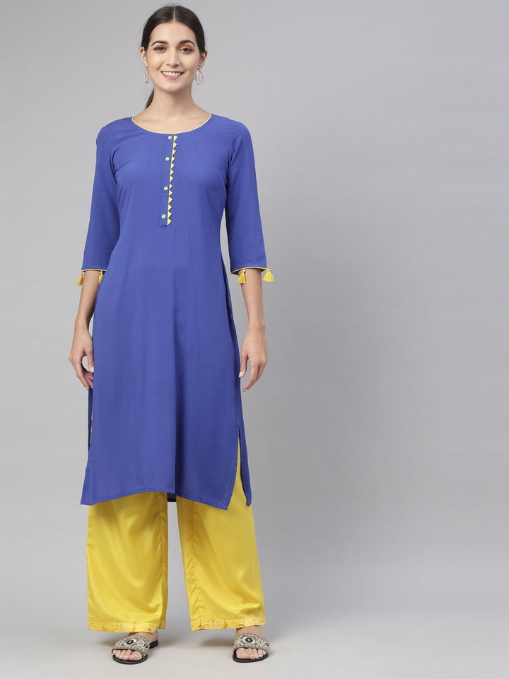 Neerus Blue viscose rayon straight kurti - front view