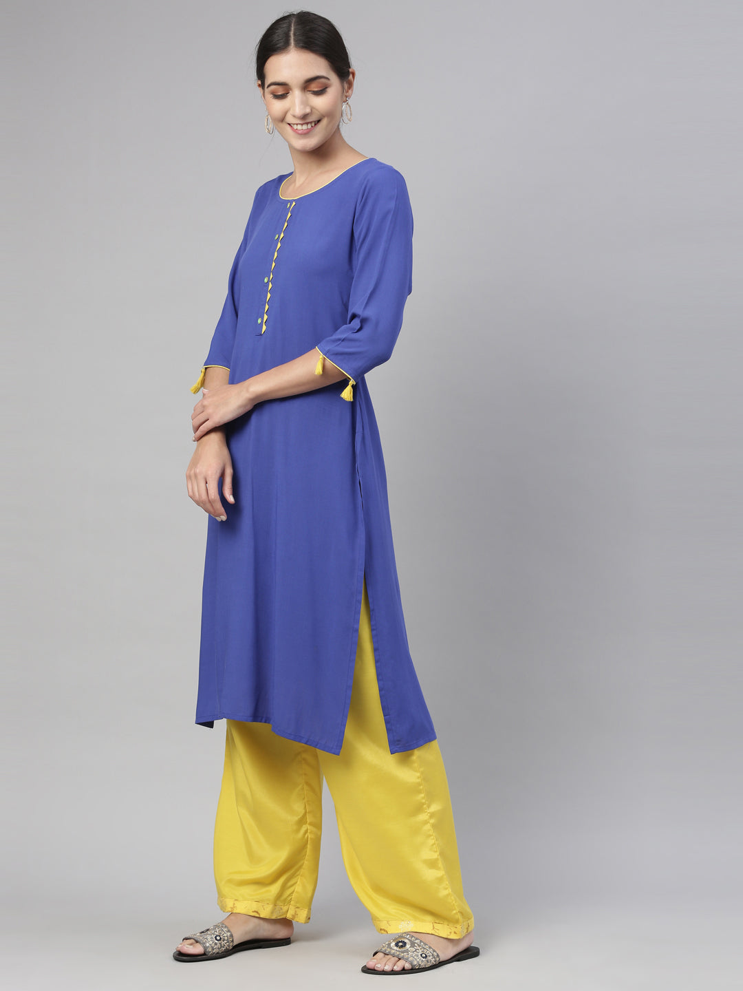 Neerus Blue viscose rayon straight kurti - back view