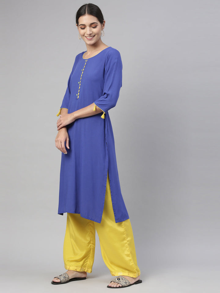 Neerus Blue viscose rayon straight kurti - back view