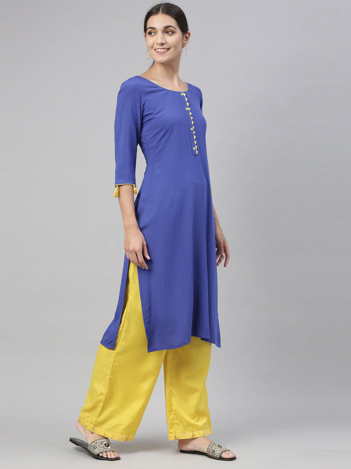 Neerus Blue viscose rayon straight kurti - side view