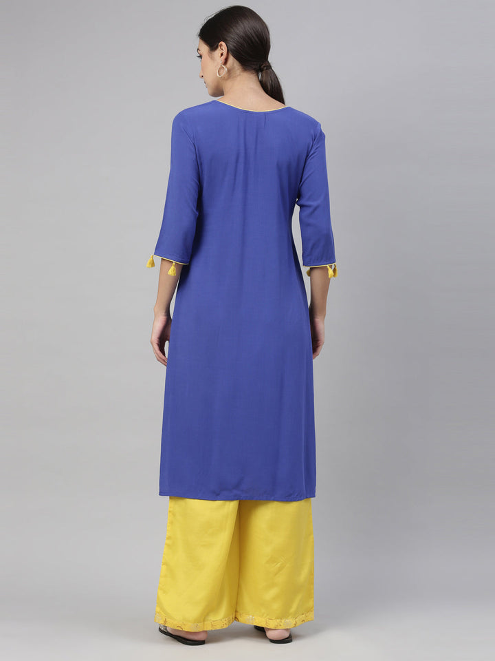 Neerus Blue viscose rayon straight kurti - detail view 1