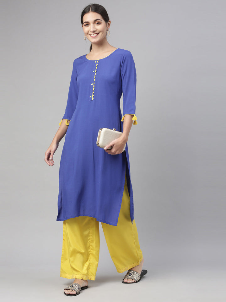 Neerus Blue viscose rayon straight kurti - detail view 2