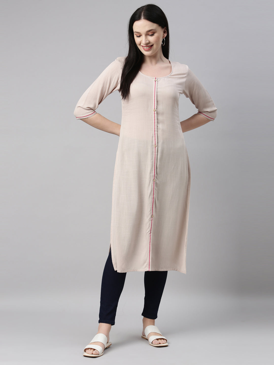 Neerus Beige straight kurti - detail view 3
