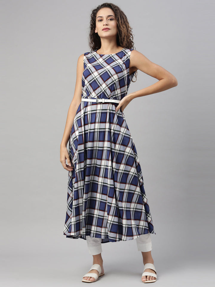 Neerus Blue viscose rayon checked A-line kurti - detail view 3