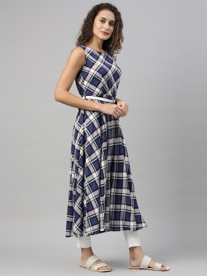 Neerus Blue viscose rayon checked A-line kurti - front view