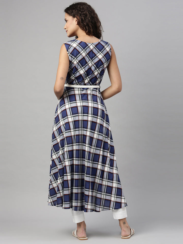 Neerus Blue viscose rayon checked A-line kurti - back view