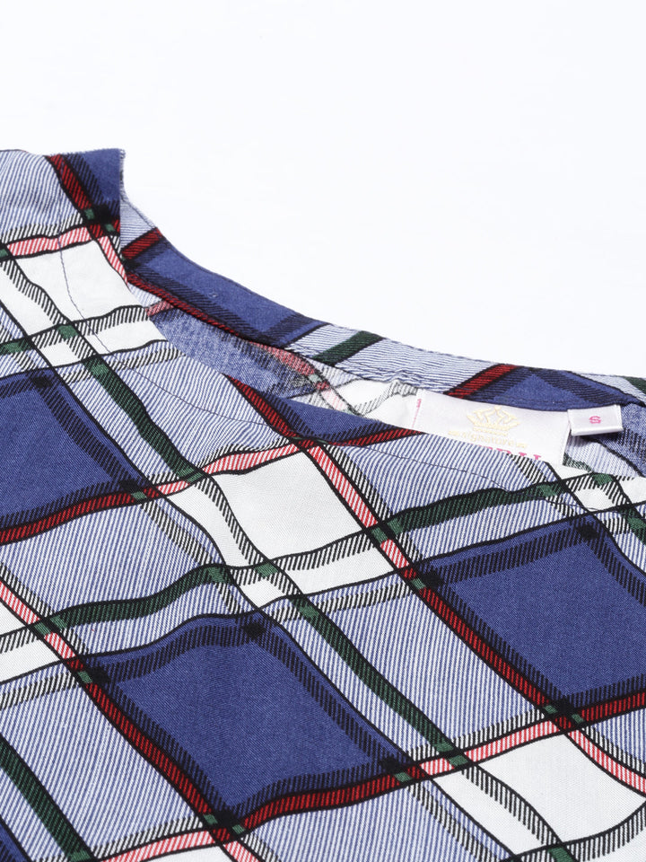 Neerus Blue viscose rayon checked A-line kurti - detail view 2