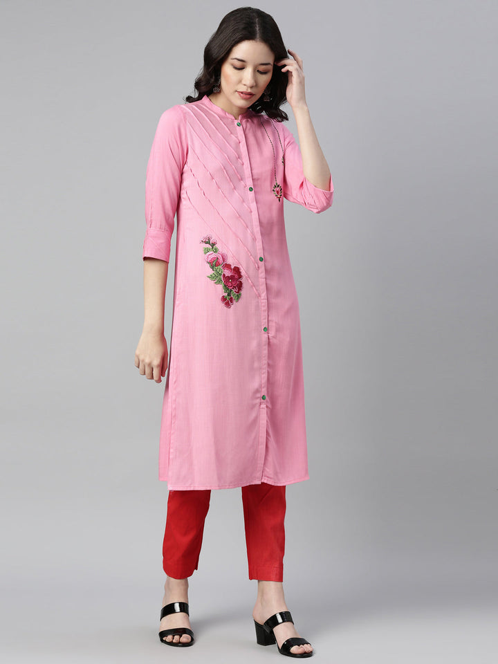 Neerus Pink rayon solid straight kurta - front view