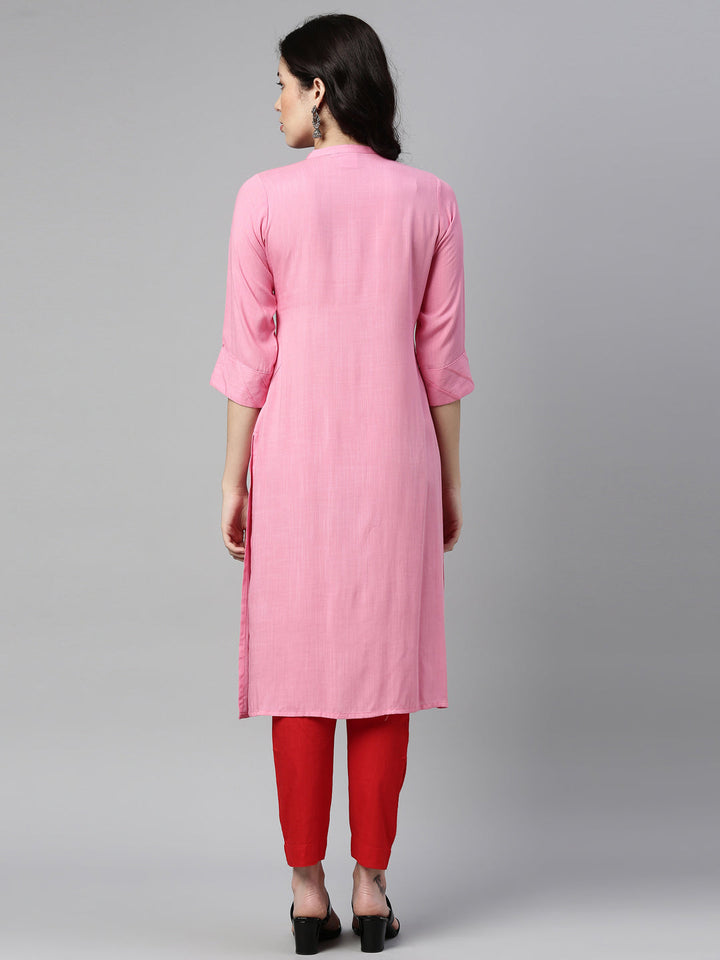 Neerus Pink rayon solid straight kurta - back view