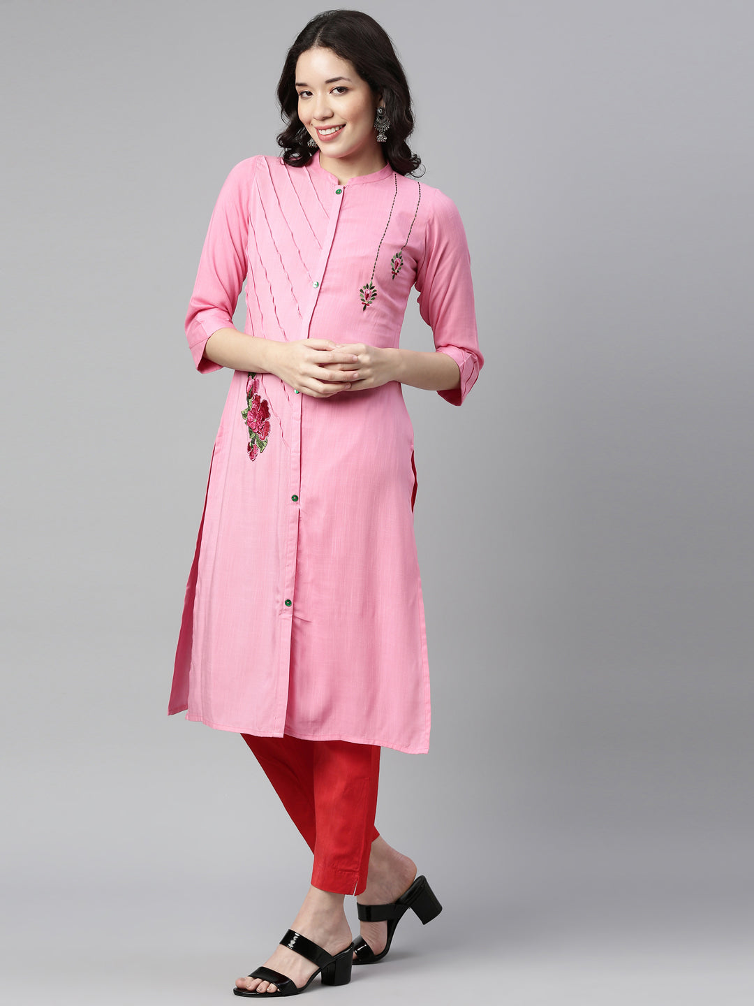 Neerus Pink rayon solid straight kurta - detail view 1