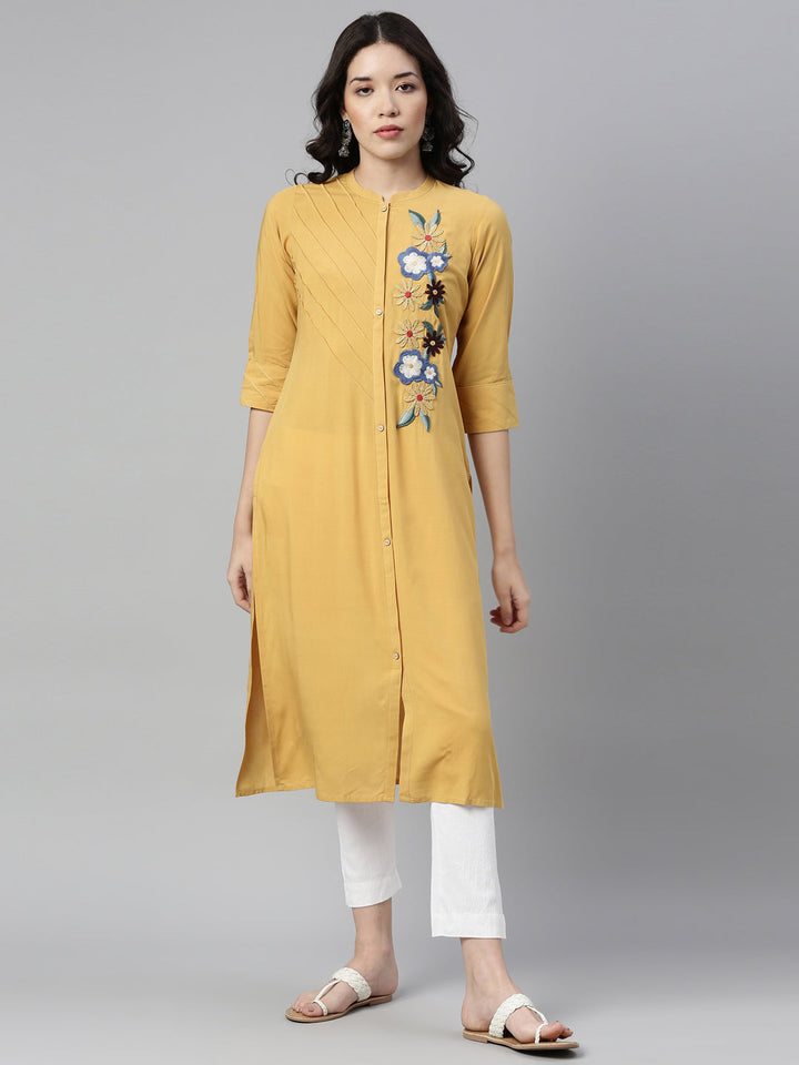 Neerus Yellow rayon embellished kurti - detail view 4