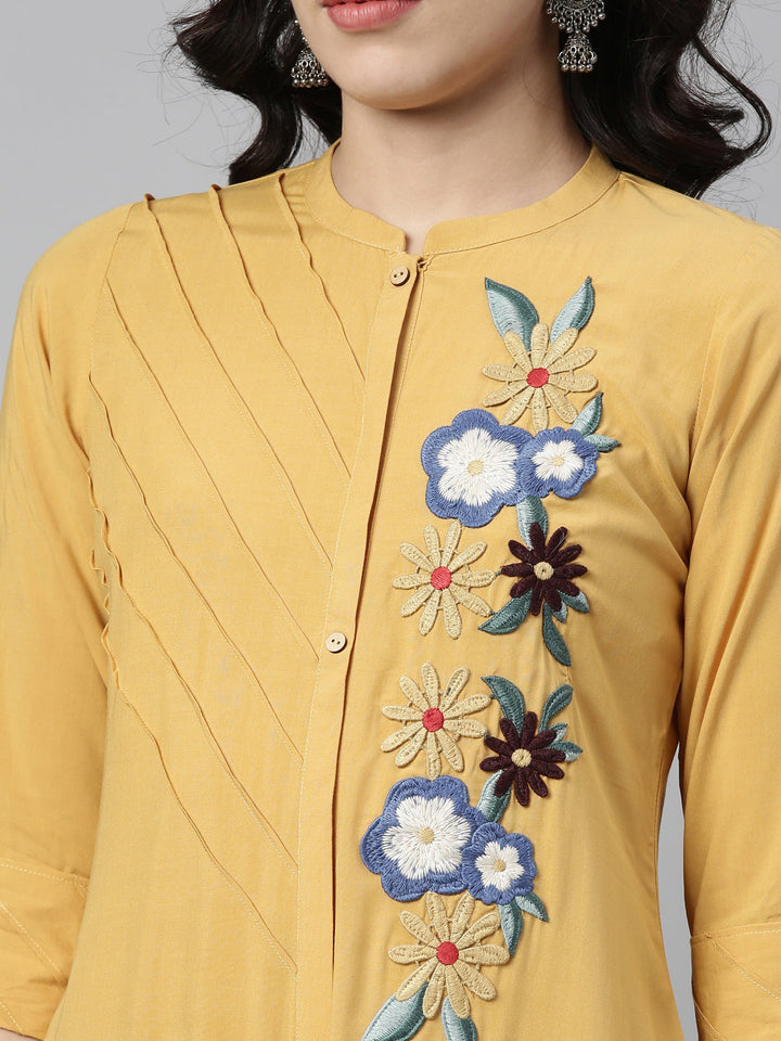 Neerus Yellow rayon embellished kurti - side view