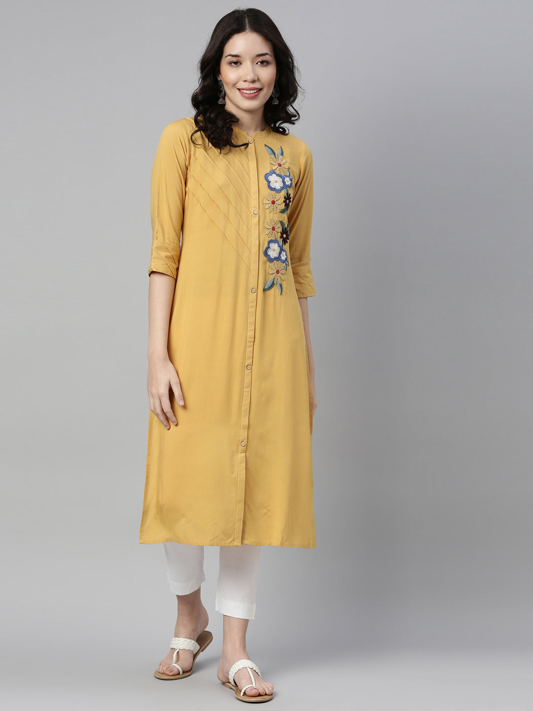 Neerus Yellow rayon embellished kurti - detail view 1